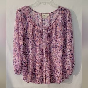 St John's Bay Pleated Button Down Pink & Purple Floral Top Size PXL